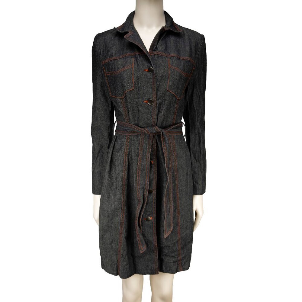 HOLT RENFREW Vtg Y2K Long Denim Trench Gray‎ Jacket button-down sz 2